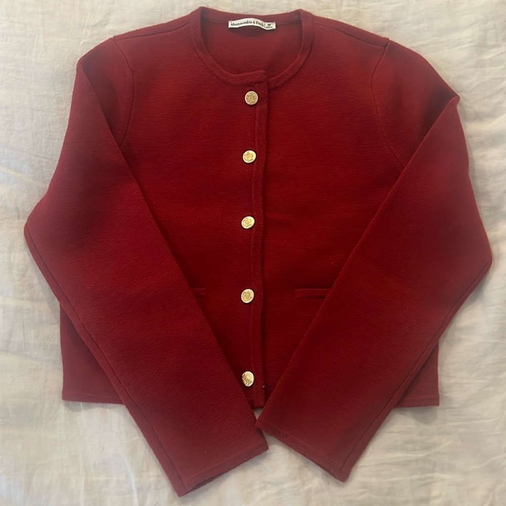Abercrombie & Fitch cranberry lady sweater jacket w gold buttons, NWOT size M